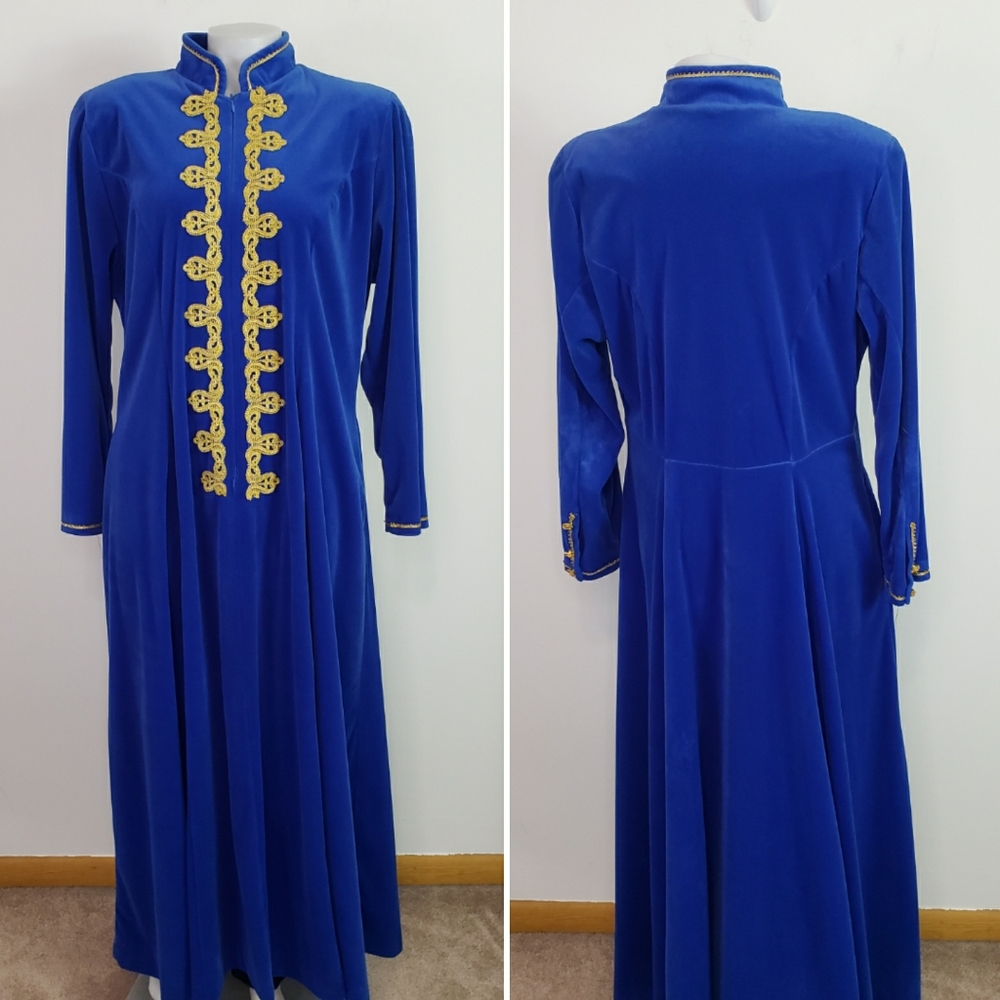Vintage David Brown blue velour floor length house coat robe gold applique